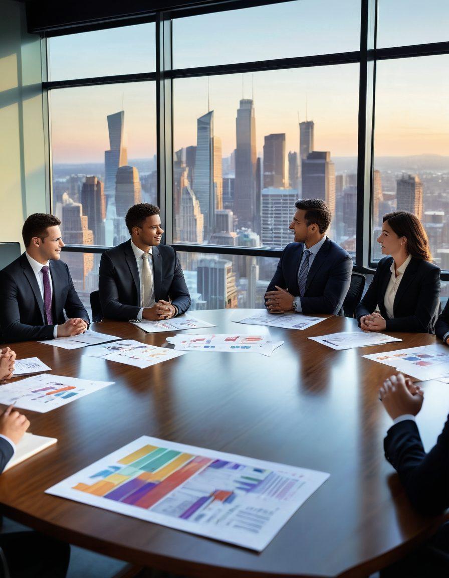 A dynamic business meeting scene, featuring diverse professionals engaged in animated discussion around a large table, with charts and strategic plans spread out. The background includes a large window showcasing a city skyline, symbolizing ambition and opportunity. Gentle lighting creates a warm yet focused atmosphere, emphasizing collaboration and innovation. super-realistic. vibrant colors. 3D.