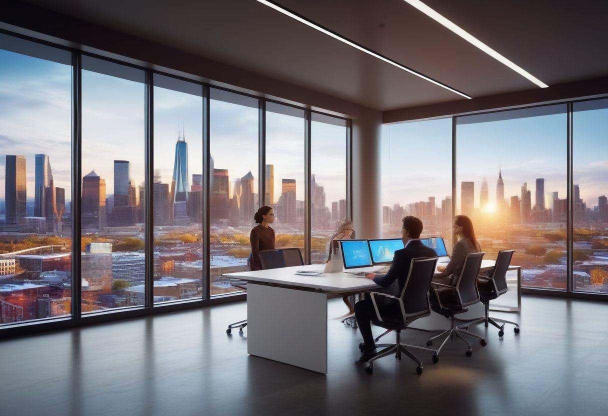 A sleek, modern office setting showcasing a diverse team of professionals engaged in a dynamic brainstorming session, with charts and graphs indicating growth on digital screens. Include visual metaphors like gears turning and light bulbs illuminating to symbolize innovative ideas transforming into actionable strategies. A backdrop of a city skyline through large windows represents expansion and progress. super-realistic. vibrant colors. 3D.