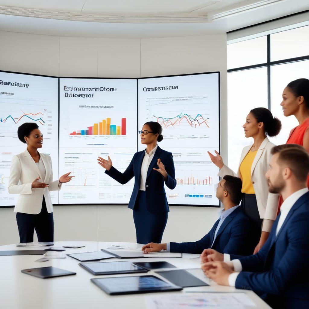 A dynamic boardroom scene featuring diverse professionals engaged in a heated discussion, with charts and graphs displaying upward trends on a digital screen. The atmosphere reflects collaboration and innovation, highlighting a leader presenting strategic insights to the team. The room is filled with natural light, symbolizing transparency and growth. super-realistic. vibrant colors. white background.